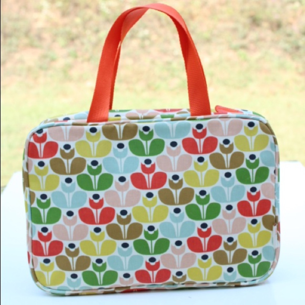 Orla Kiely Multicolor Floral Pattern Cosmetic Bag with Orange Handles
